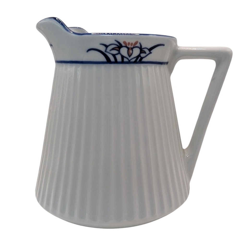 Blue White Pitcher Ribbed Body Floral with Flower Cottage Core Country Living